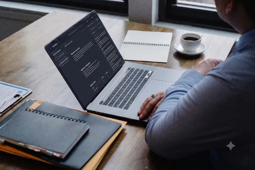 Un profesional revisa un informe financiero en Doctiling en su portátil.