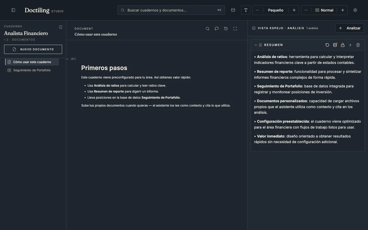 Vista espejo de Doctiling: el documento a la izquierda y el resumen del agente a la derecha.