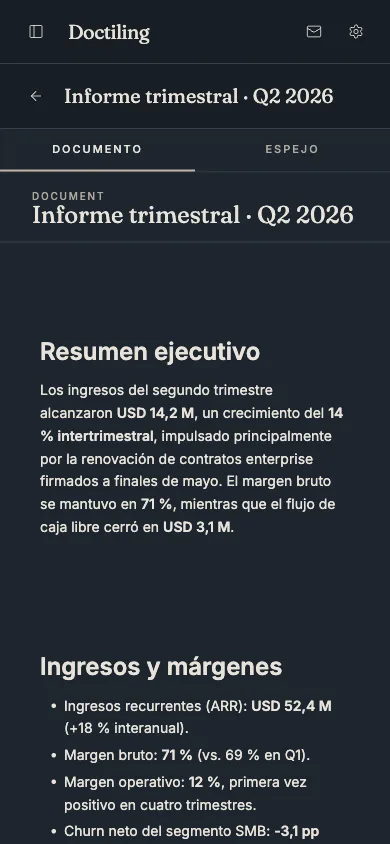 Doctiling en móvil: un informe trimestral con pestañas Documento y Espejo.