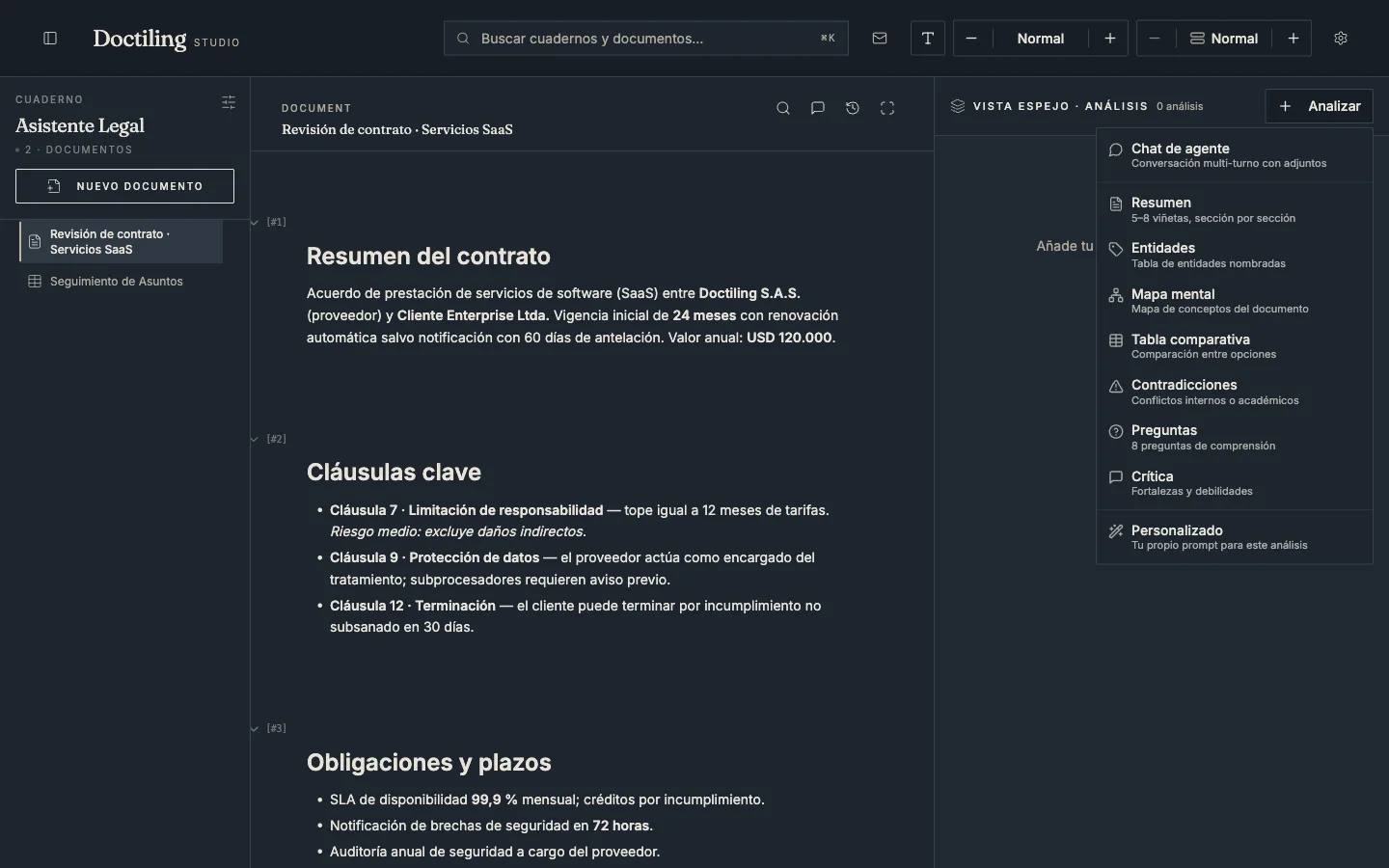 Menú de análisis de Doctiling: Resumen, Entidades, Mapa mental, Tabla comparativa, Contradicciones, Preguntas y Crítica.